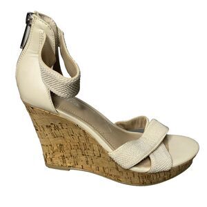 CHARLES DAVID Platform Wedge Heel Zip Back Stretch Strap Sandals Women 7.5 Beige